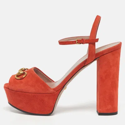 Pre-owned Gucci Orange Suede Horsebit Platform Ankle Strap Sandals Size 38