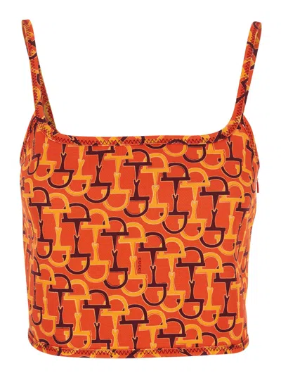 Gucci Orange Top With Spaghetti Straps And All-over Horsebit Print In Cotton Woman In Animal Print