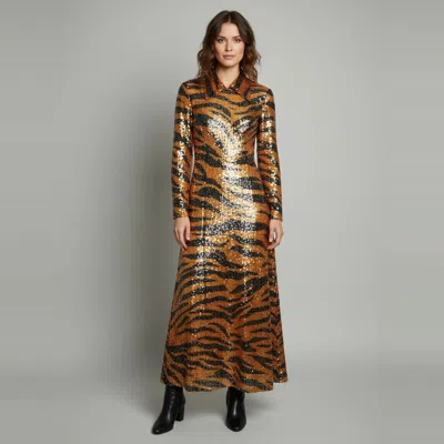 Pre-owned Gucci Orange/black Tiger Stripe Sequin Pattern Collared Gown M