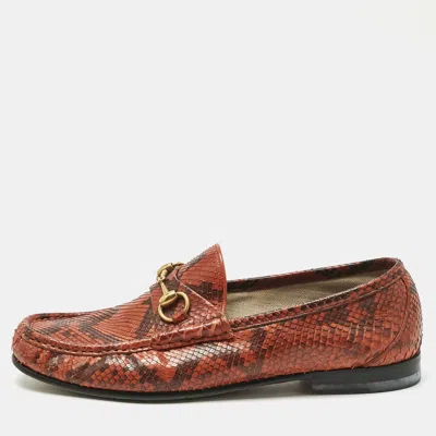 Pre-owned Gucci Orange/brown Python Horsebit Slip On Loafers Size 42.5