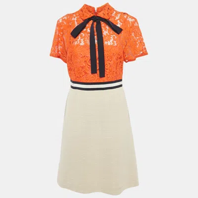 Pre-owned Gucci Orange/cream Lace & Tweed Bow Detail Short Dress M