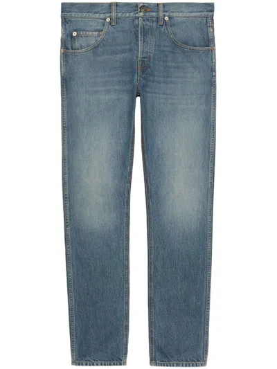 Gucci Denim Pant With Leather Label In Blue