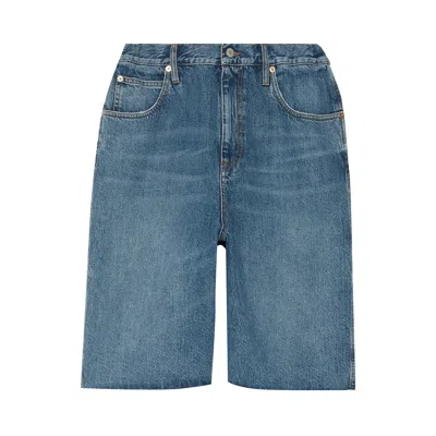 Pre-owned Gucci Organic Denim Shorts With Crystal G 'petroleum Blue' | Women's Size 26