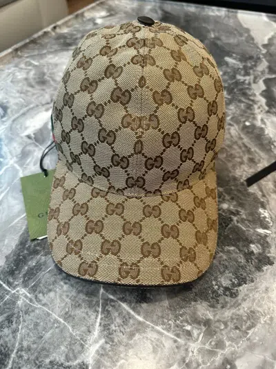 Pre-owned Gucci Original Gg Canvas Baseball Hat With Web In Beige