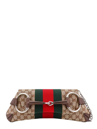 GUCCI ORIGINAL GG FABRIC AND LEATHER SHOULDER BAG WITH ICONIC HORSEBIT AND WEB BAND