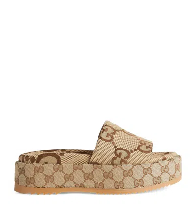 Gucci Angelina Logo-jacquard Coated-canvas Platform Slides In Neutrals