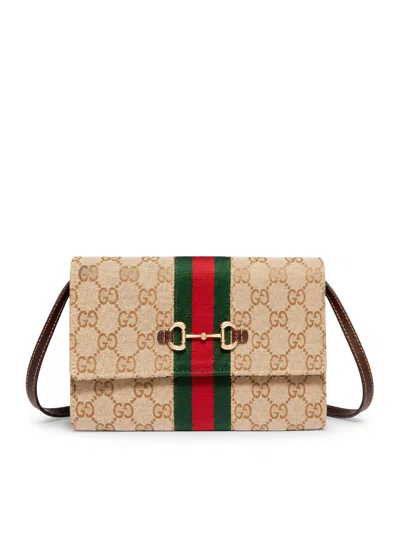 Gucci Horsebit Web Wallet With Shoulder Strap In Brown