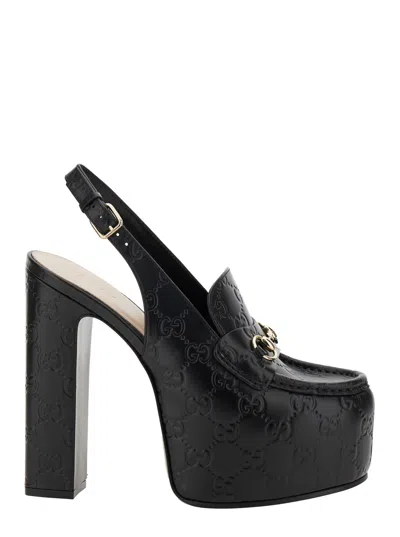 GUCCI OTTAVIA BLACK SINGBACK PUMPS WITH HORSEBIT ON THE FRONT AND ALL-OVER DOUBLE G LOGO IN LEATHER WOMAN