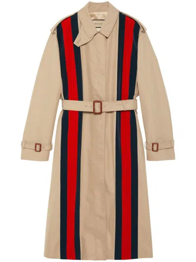 Gucci Web-stripe Belted Gabardine Trenchcoat In Brown