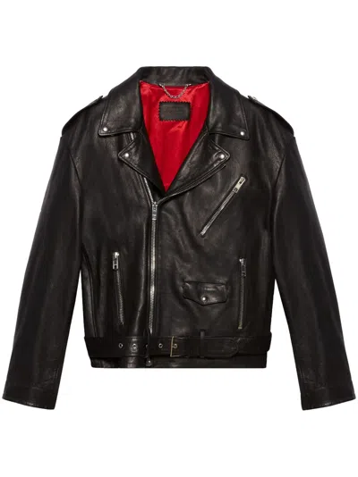 Gucci Oversize Biker Leather Jacket In Black