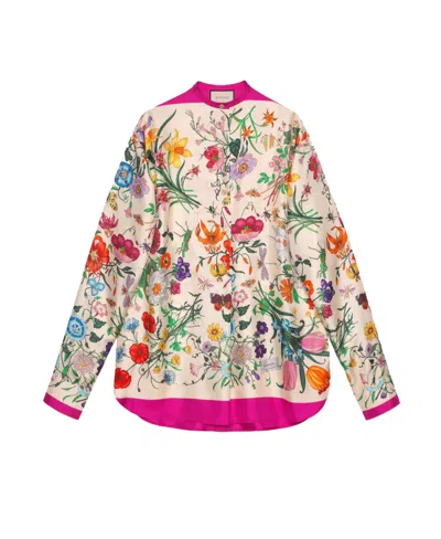 Gucci Oversize Shirt With Flora Print In Nude