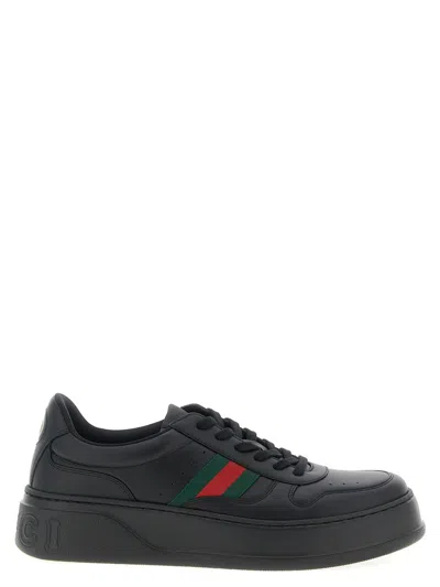 Gucci Men Black Sneakers With Web Detail And Oversized Sole In Leather Man