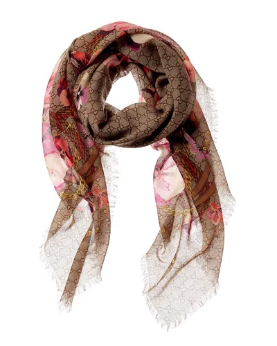 Gucci Oversized Gg Flora Wool Scarf In Beige