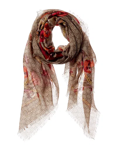 Gucci Oversized Gg Flora Wool Scarf In Beige