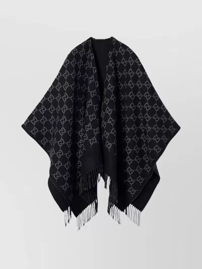 GUCCI OVERSIZED JACQUARD WOOL CAPE FRINGE DETAIL