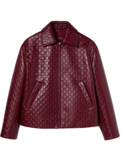 Gucci Oversized Leather Jacket With Embossed Gg In Burgundy
