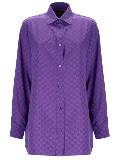Gucci Oversized Silk Shirt With Gg Weave In Red