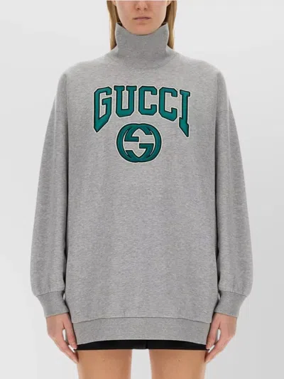 Gucci Oversized Turtleneck Sweatshirt Embroidery In Gray