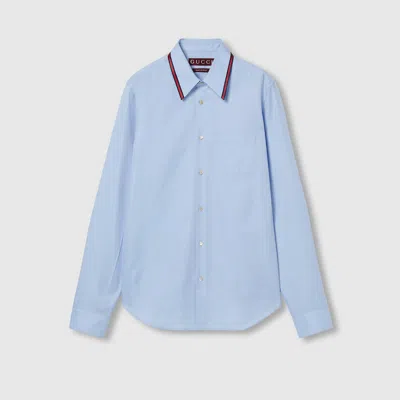 Gucci Oxford Cotton Shirt With Web In Blue