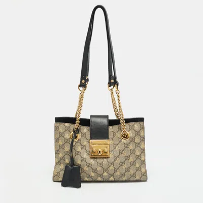 Pre-owned Gucci Padlock Bee Small Black/beige Gg Supreme Canvas And Leather Tote