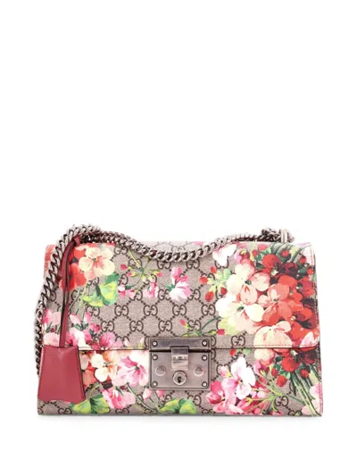 Pre-owned Gucci Padlock Blooms Print Gg Coated Canvas Medium Shoulder Bag In Pink