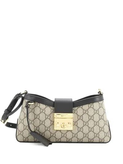 Pre-owned Gucci Padlock Chain Gg Coated Canvas And Leather Small Shoulder Bag In Black