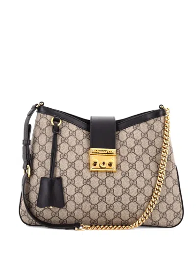 Pre-owned Gucci Padlock Chain Gg Coated Canvas With Leather Medium Shoulder Bag In Black
