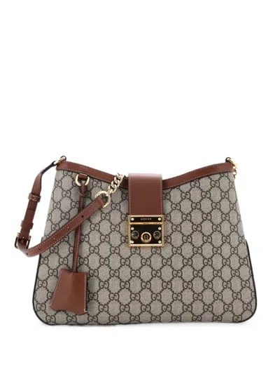 Pre-owned Gucci Padlock Chain Gg Coated Canvas With Leather Medium Shoulder Bag In Brown