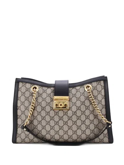 Pre-owned Gucci Padlock Chain Gg Coated Canvas With Leather Medium Tote Bag In Black