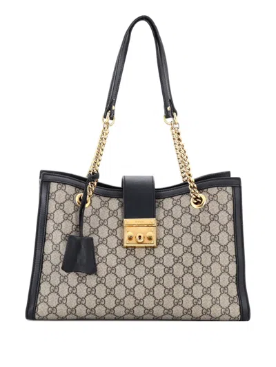 Pre-owned Gucci Padlock Chain Gg Coated Canvas With Leather Medium Tote Bag In Black