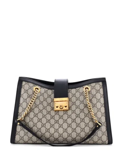 Pre-owned Gucci Padlock Chain Gg Coated Canvas With Leather Medium Tote Bag In Black
