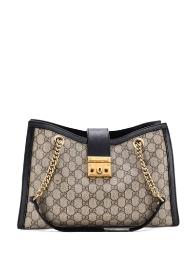 Pre-owned Gucci Padlock Chain Gg Coated Canvas With Leather Medium Tote Bag In Black