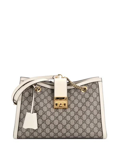 Pre-owned Gucci Padlock Chain Gg Coated Canvas With Leather Medium Tote Bag In Brown
