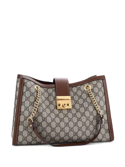 Pre-owned Gucci Padlock Chain Gg Coated Canvas With Leather Medium Tote Bag In Brown