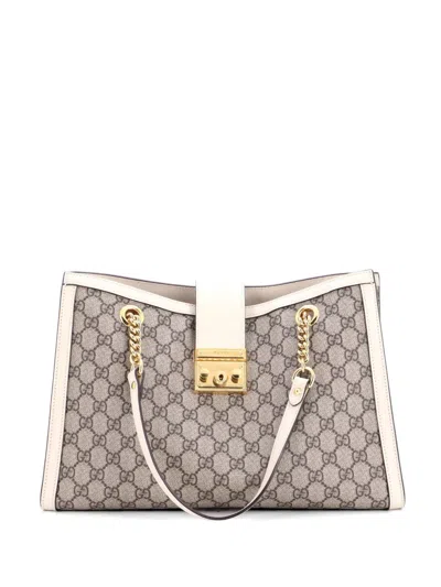 Pre-owned Gucci Padlock Chain Gg Coated Canvas With Leather Medium Tote Bag In Brown