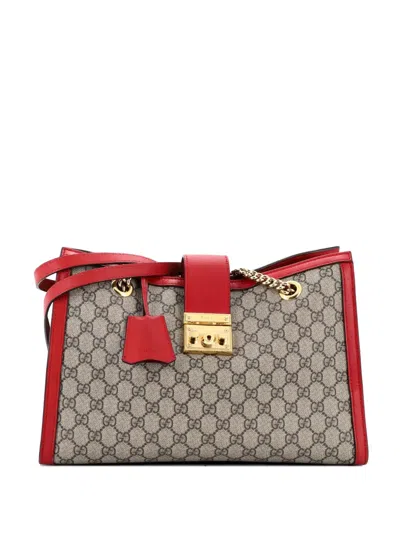 Pre-owned Gucci Padlock Chain Gg Coated Canvas With Leather Medium Tote Bag In Red