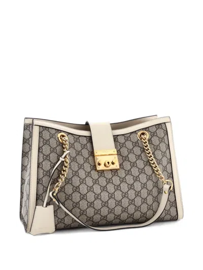 Pre-owned Gucci Padlock Chain Gg Coated Canvas With Leather Medium Tote Bag In White