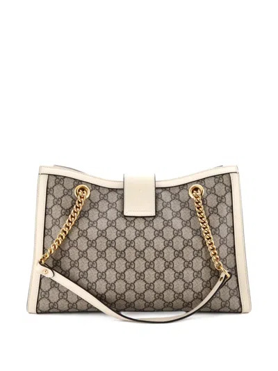 Pre-owned Gucci Padlock Chain Gg Coated Canvas With Leather Medium Tote Bag In White