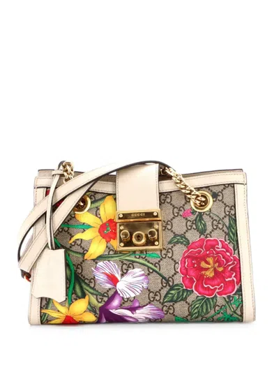 Pre-owned Gucci Padlock Chain Tote Flora Gg Coated Canvas Small Shoulder Bag In Brown