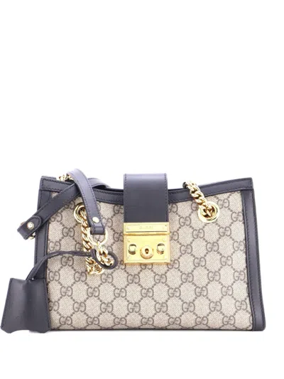 Pre-owned Gucci Padlock Chain Tote Gg Coated Canvas With Leather Small Shoulder Bag In Black