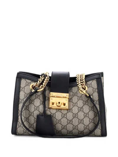 Pre-owned Gucci Padlock Chain Tote Gg Coated Canvas With Leather Small Shoulder Bag In Black