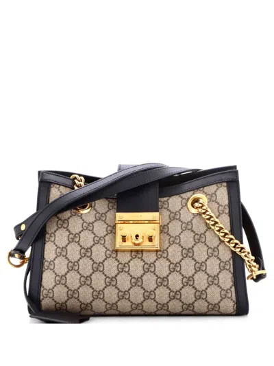 Pre-owned Gucci Padlock Chain Tote Gg Coated Canvas With Leather Small Shoulder Bag In Black