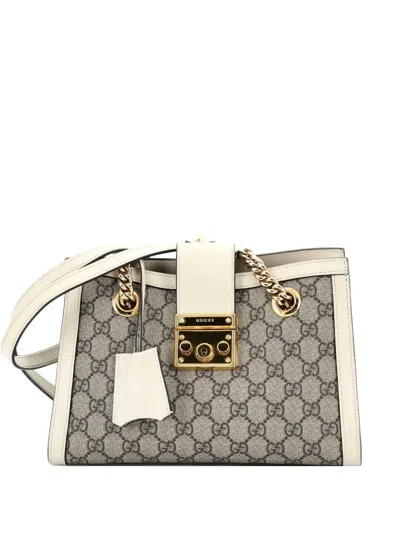 Pre-owned Gucci Padlock Chain Tote Gg Coated Canvas With Leather Small Shoulder Bag In Brown