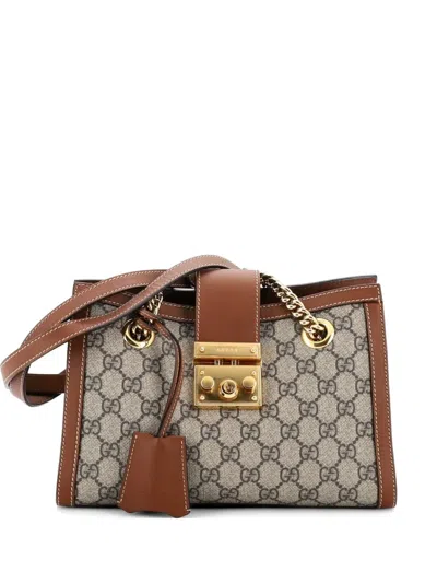 Pre-owned Gucci Padlock Chain Tote Gg Coated Canvas With Leather Small Shoulder Bag In Brown