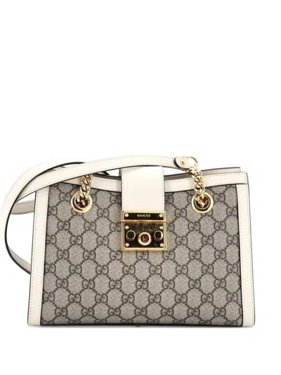 Pre-owned Gucci Padlock Chain Tote Gg Coated Canvas With Leather Small Shoulder Bag In Brown