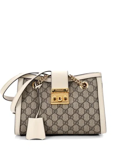Pre-owned Gucci Padlock Chain Tote Gg Coated Canvas With Leather Small Shoulder Bag In Brown