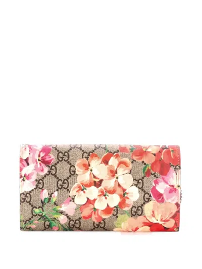 Pre-owned Gucci Padlock Continental Chain Wallet Blooms Print Gg Coated Canvas Long Shoulder Bag In Brown