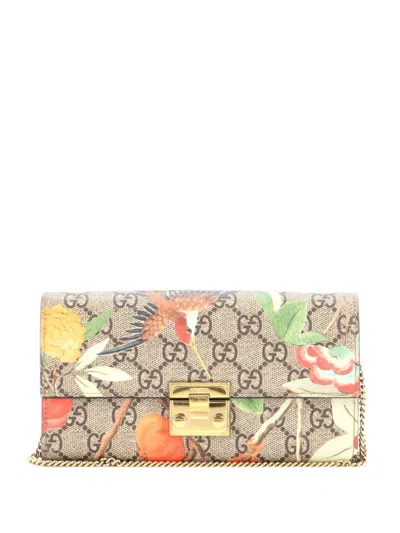 Pre-owned Gucci Padlock Continental Chain Wallet Tian Print Gg Coated Canvas Long Shoulder Bag In Brown