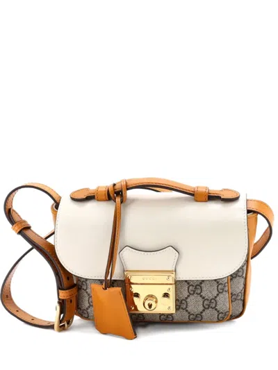 Pre-owned Gucci Padlock Front Pocket Flap Gg Coated Canvas And Leather Mini Shoulder Bag In Neutral
