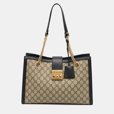 Pre-owned Gucci Padlock Medium Black/beige Gg Supreme Canvas And Leather Tote